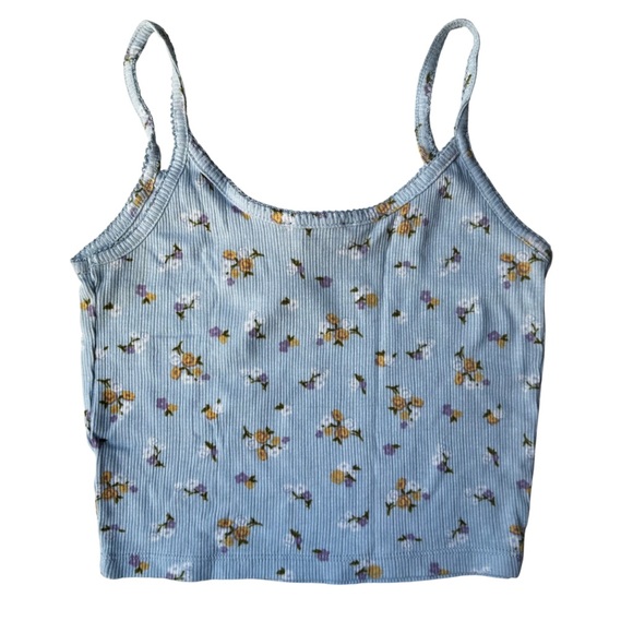 Forever 21 Baby Blue Floral Ribbed Crop Camisole Tank Top - Picture 2 of 5